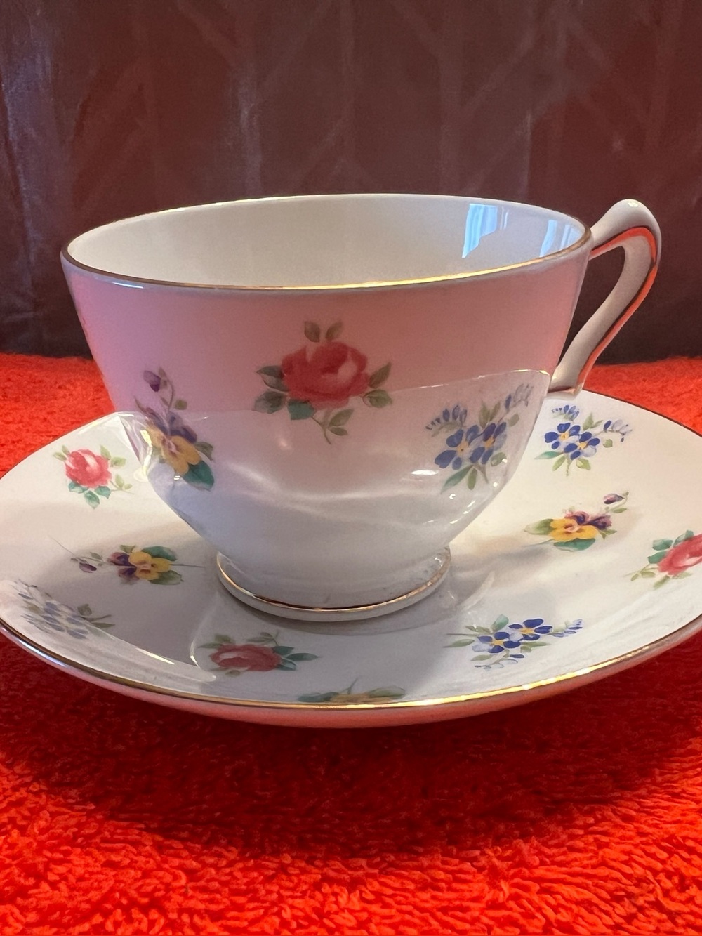 Vintage Crown Staffordshire 1940’s Pink Band Floral Bone China Teacup and Saucer